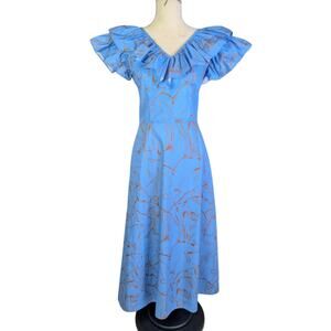 Deloreta Blue Ruffle Midi Dress Horse Print Cotton Poplin Peru M